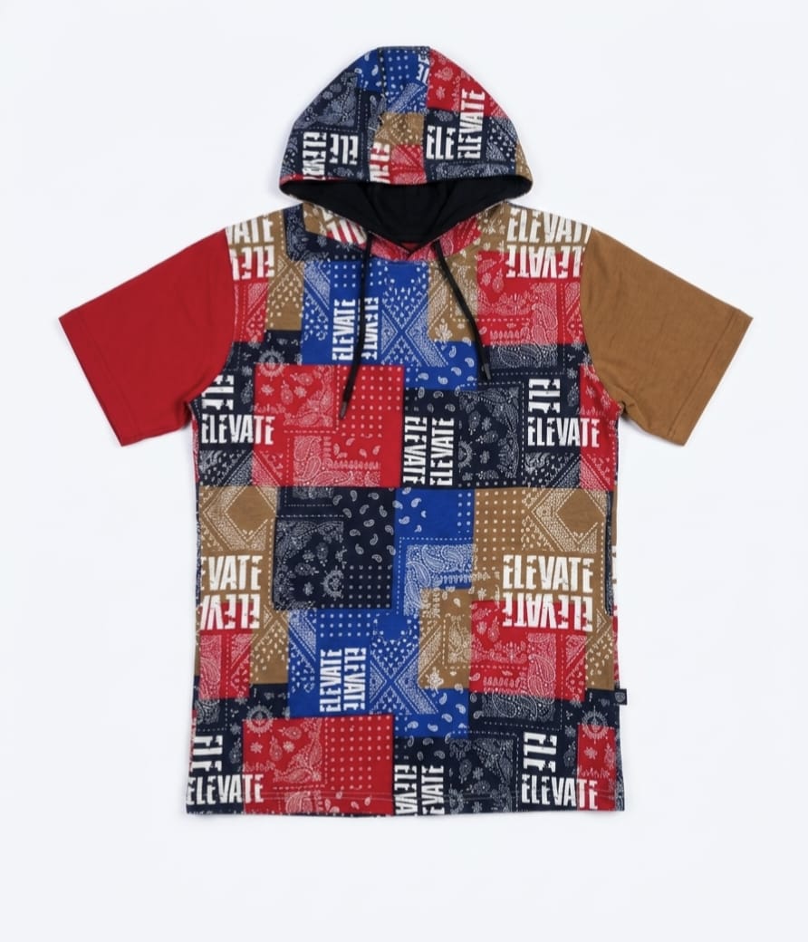 Men's Bandana Print Hooded T-Shirt - Multicolor Patchwork Tee