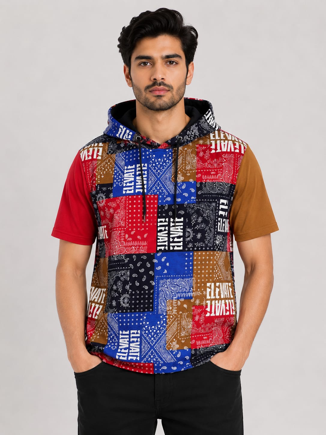 Men's Bandana Print Hooded T-Shirt - Multicolor Patchwork Tee