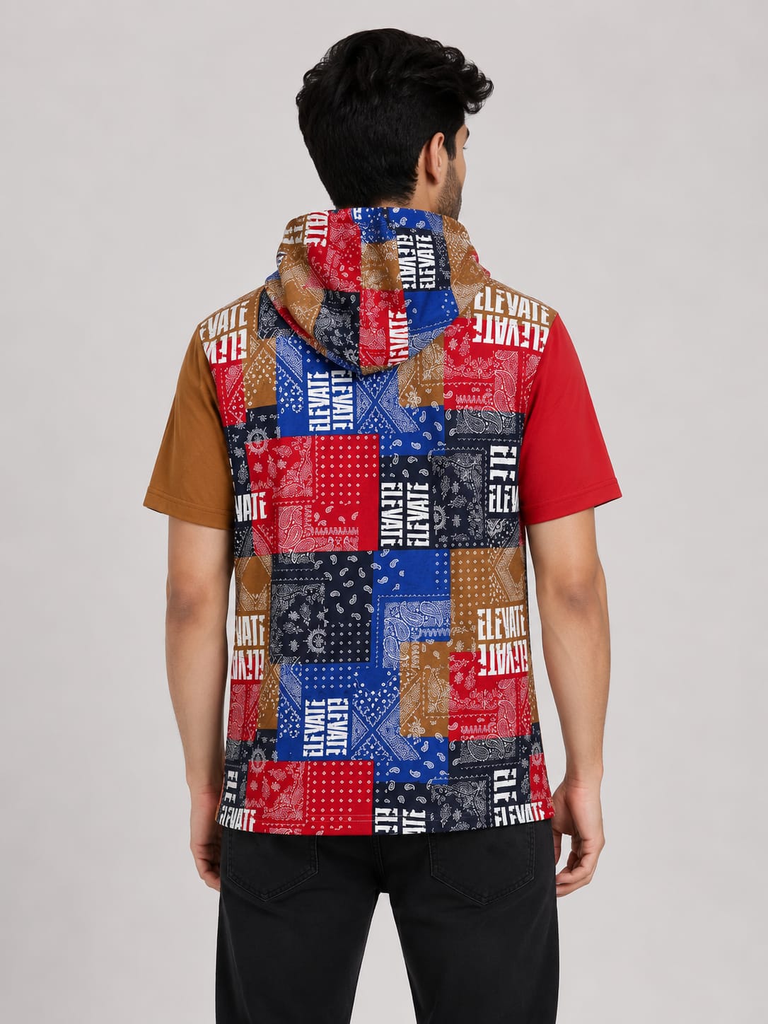 Men's Bandana Print Hooded T-Shirt - Multicolor Patchwork Tee