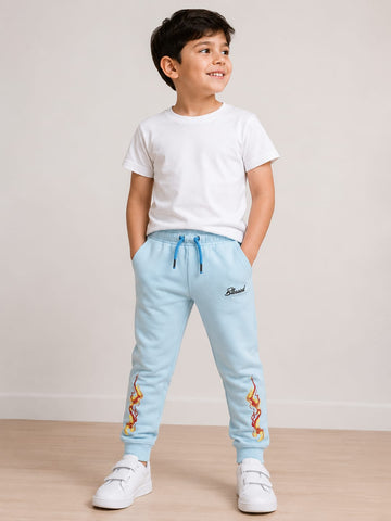 Boys Light Blue Fleece Joggers - Flame Print Sweatpants