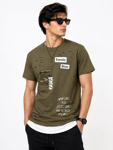 Men's Distressed Ripped Graphic T-Shirt - Loyalty Honor Print