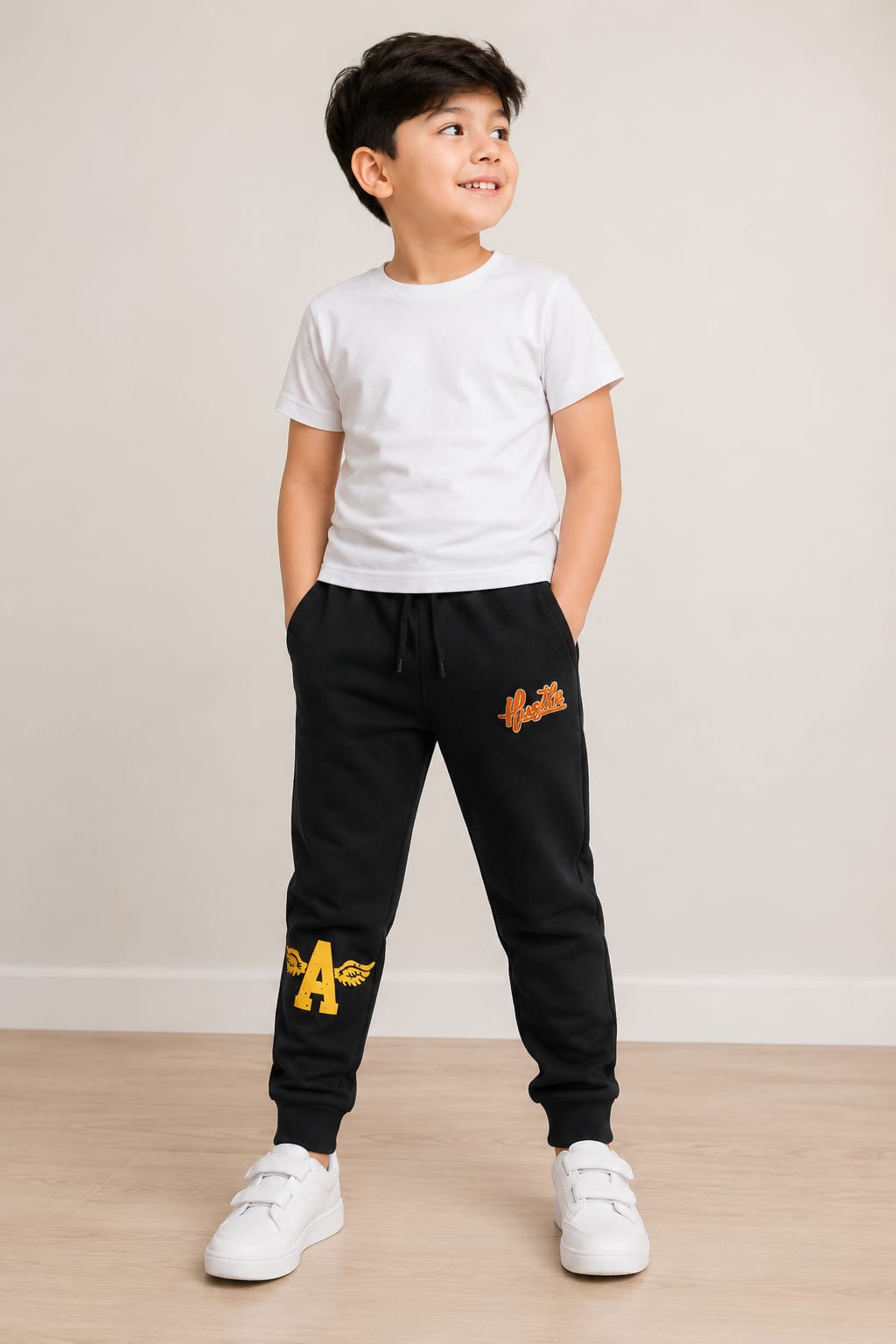 Boys Fleece Jogger Sweatpants - Black Hustle Wings Print