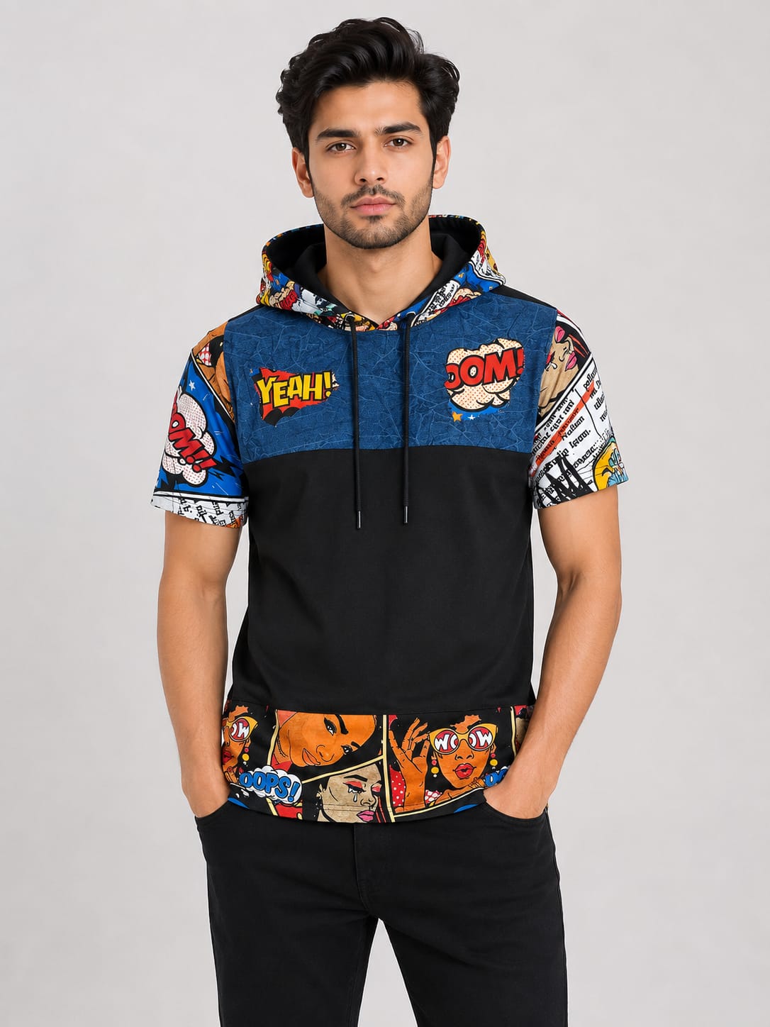 Men's Comic Pop Art Print Short Sleeve Hoodie T-Shirt