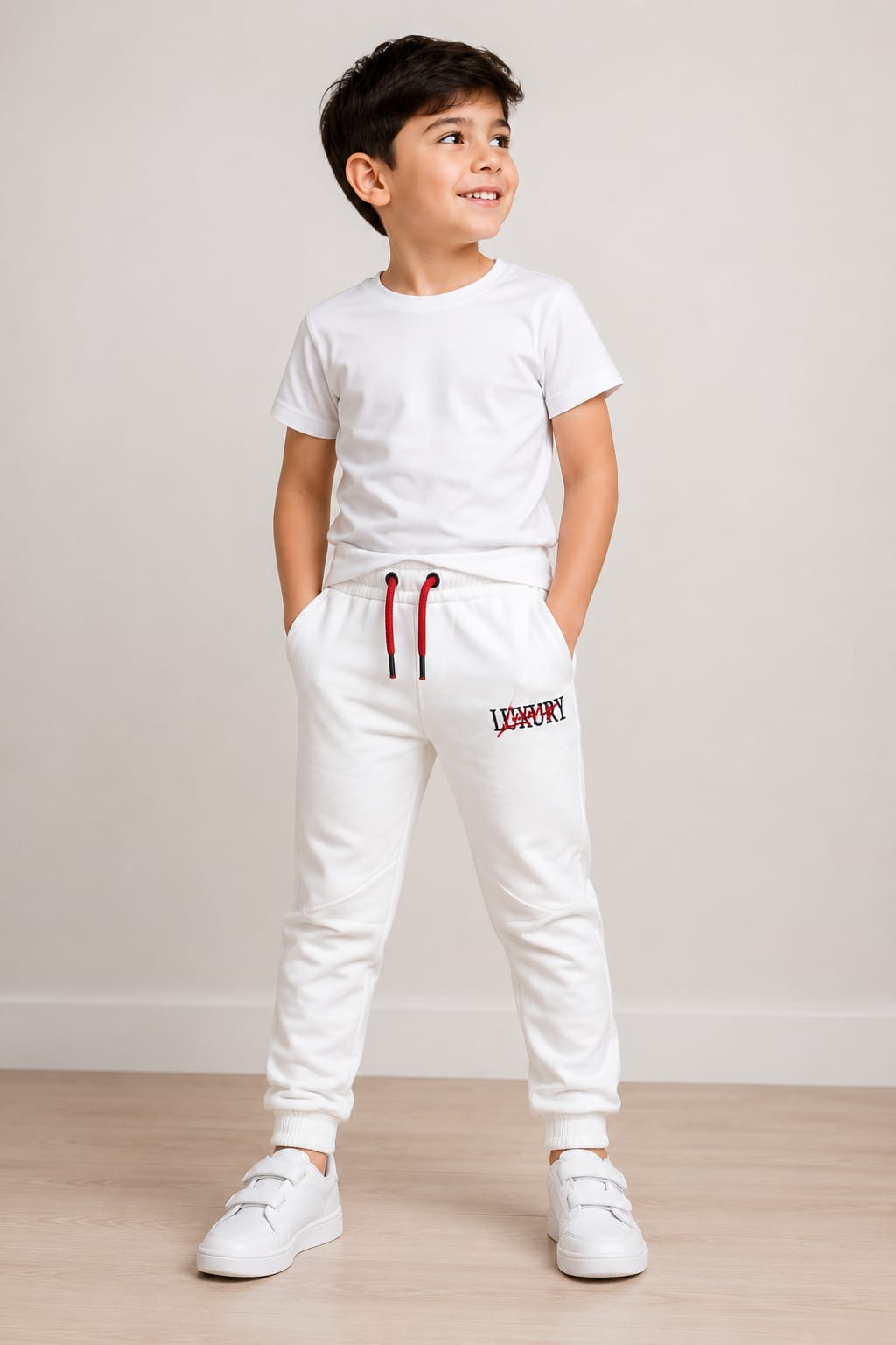 Boys Premium Fleece Jogger Sweatpants - Embroidered White Trousers