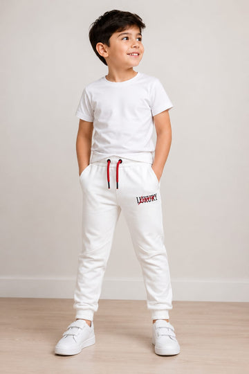 Boys Premium Fleece Jogger Sweatpants - Embroidered White Trousers