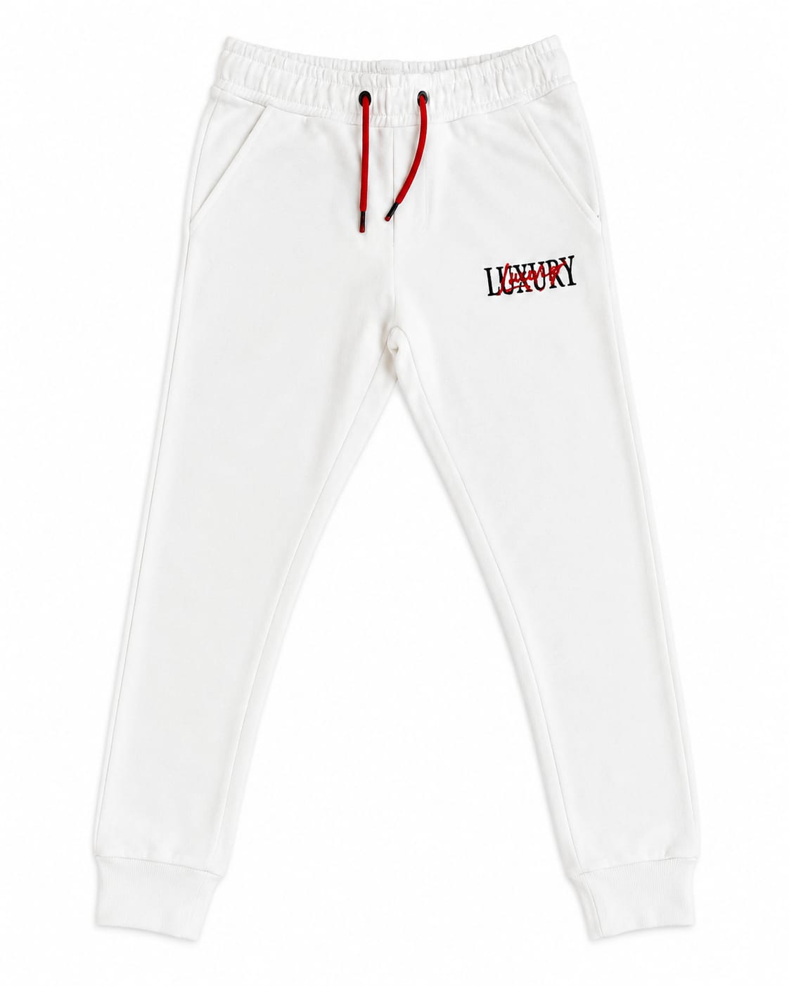 Boys Premium Fleece Jogger Sweatpants - Embroidered White Trousers