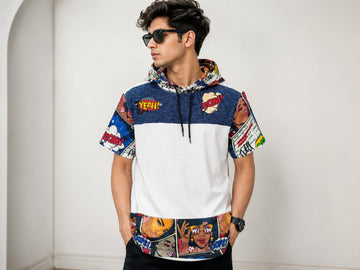Men's Comic Pop Art Print Short Sleeve Hoodie T-Shirt